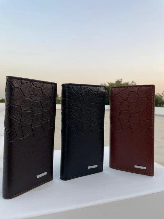 Men's Long Bifold Leather Wallet | Geometric Embossed Design |