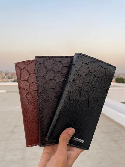 Men's Long Bifold Leather Wallet | Geometric Embossed Design |