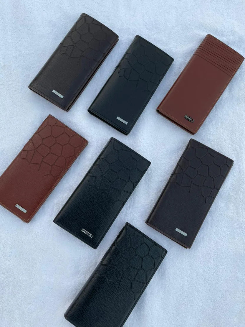 Men's Long Bifold Leather Wallet | Geometric Embossed Design |