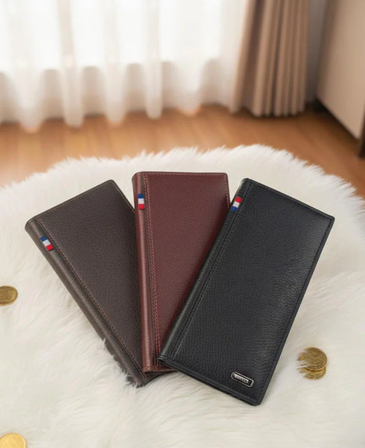 Men's Long Bifold Leather Wallet | Tricolor Stripe Accent